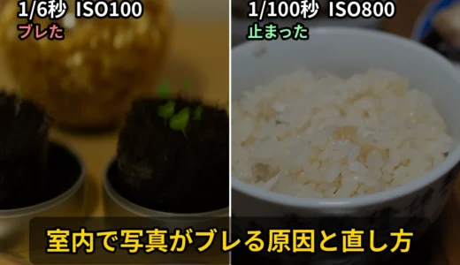 室内で撮った2枚の比較。左は1/6秒ISO100でブレた写真、右は1/100秒ISO800で止まった写真
