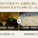 室内で撮った2枚の比較。左は1/6秒ISO100でブレた写真、右は1/100秒ISO800で止まった写真