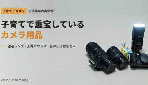 NIKKOR Z 70-200mm、24-120mm、Z6、Godox TT600と音の出るおもちゃを並べた、子育てで重宝しているカメラ用品のアイキャッチ